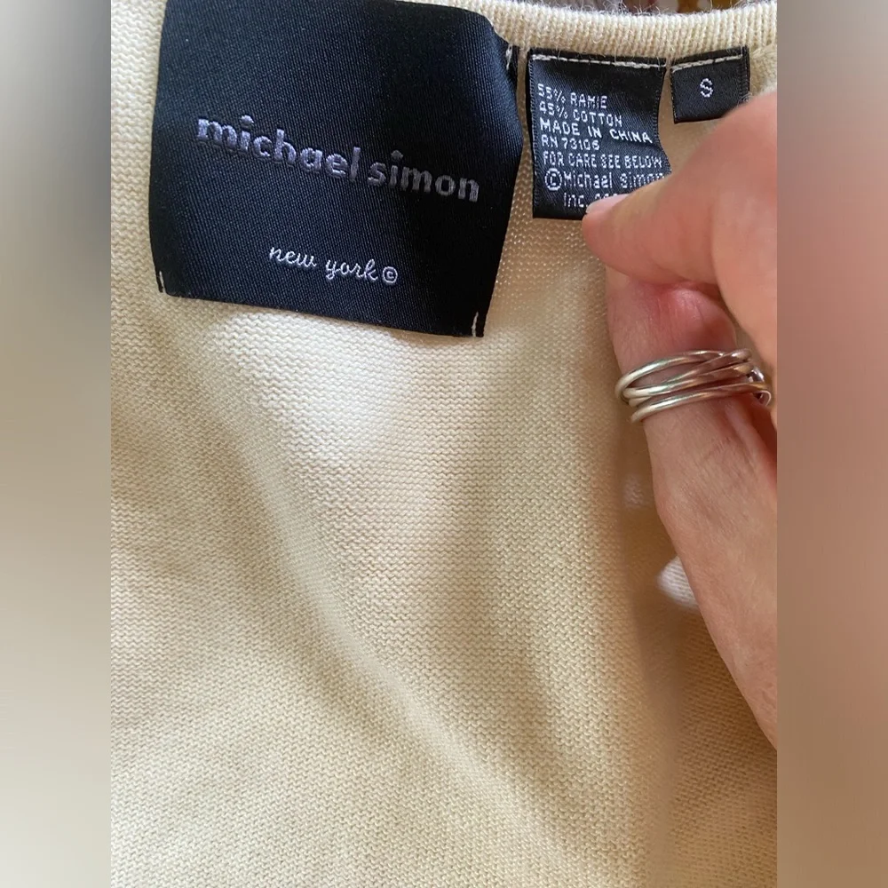 Vintage 90s Michael Simon Cream Knit Button-Front Jacket Yellow & Brown Trim